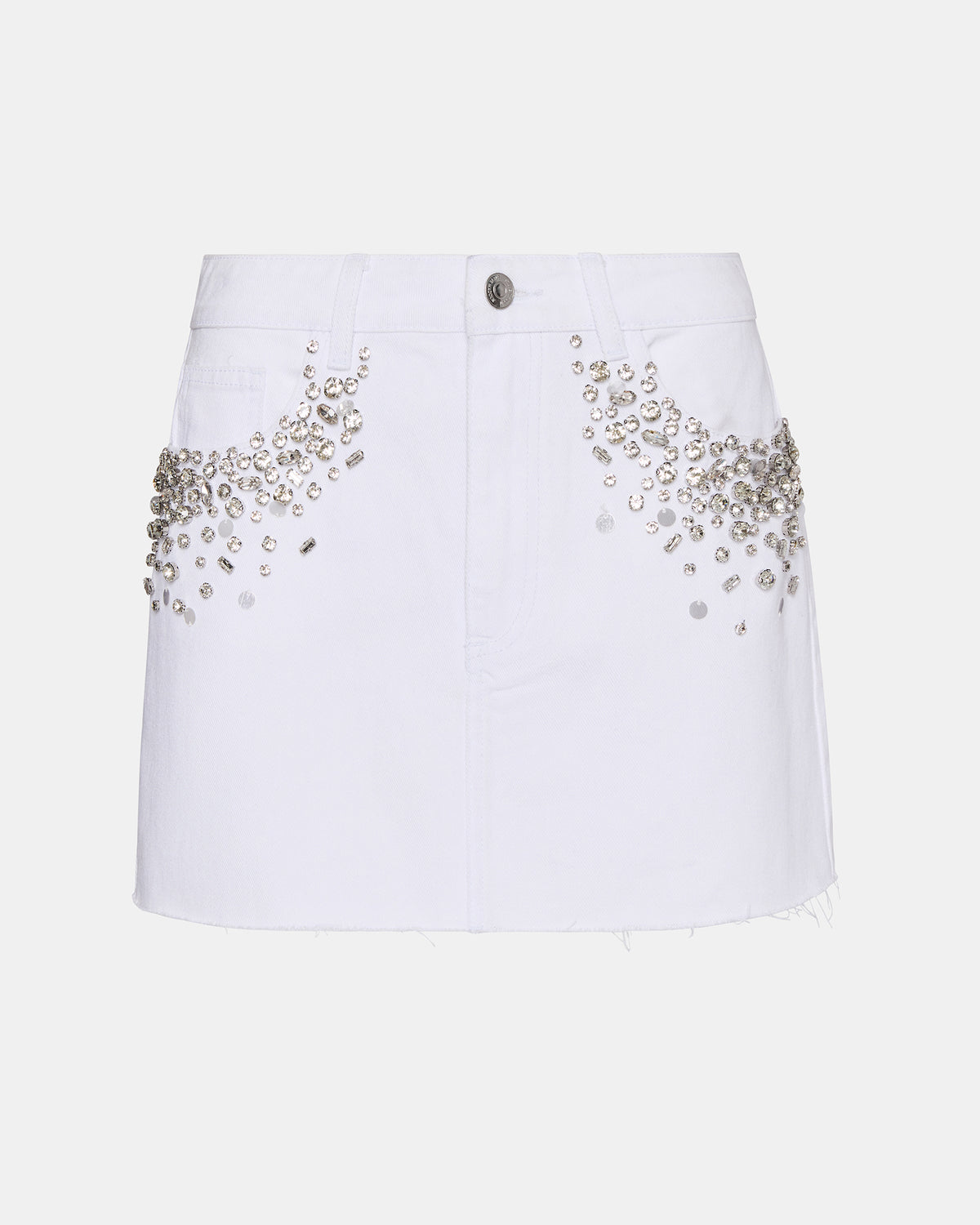 ERAS Denim White Rhinestone Embellished Mini Women's Skirt | Steve Madden Best Seller