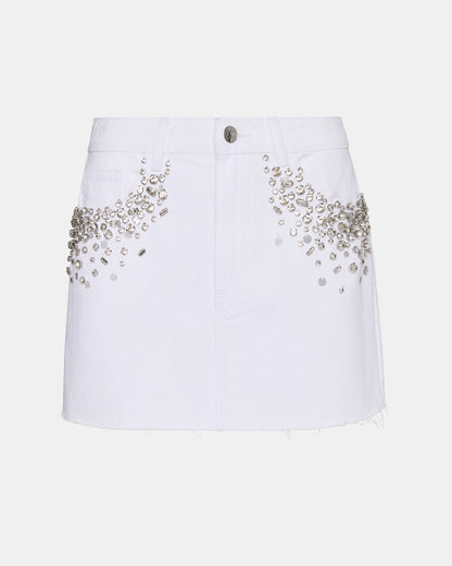 ERAS Denim White Rhinestone Embellished Mini Women's Skirt | Steve Madden Best Seller