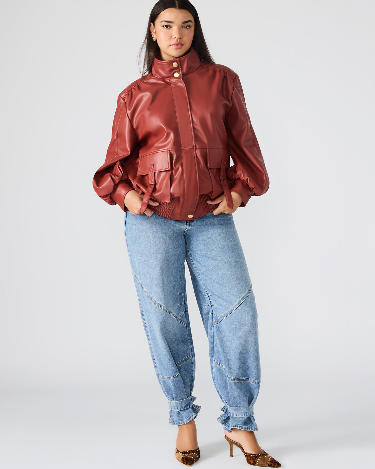 VEE Dusty Brick Faux Leather Long-Sleeved Women's Jacket | Steve Madden Special Offer