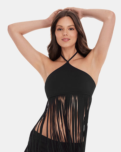 WHAT A STUD BIKINI TOP Black Halter Neckline Fringe Women's Bikini Top | Steve Madden Everyday